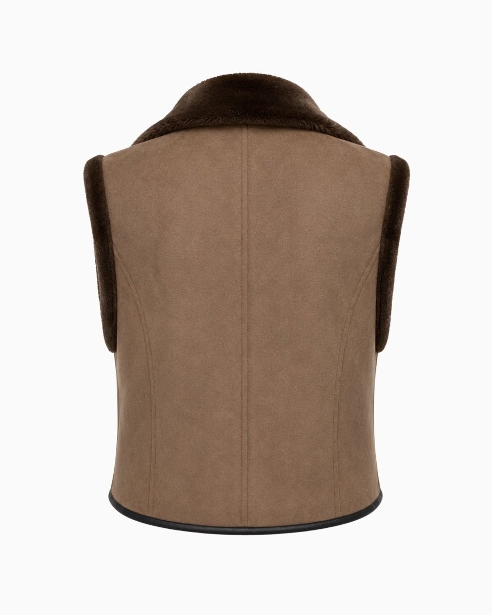 A brown shearling-lined sleeveless vest shown from the back, featuring a smooth suede-like back panel and dark brown fuzzy collar and side panels, set against a plain white background.
