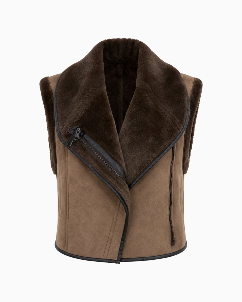 A brown faux-suede motorcycle-style vest with a plush dark brown shearling-style collar and black trim, shown against a plain white background.