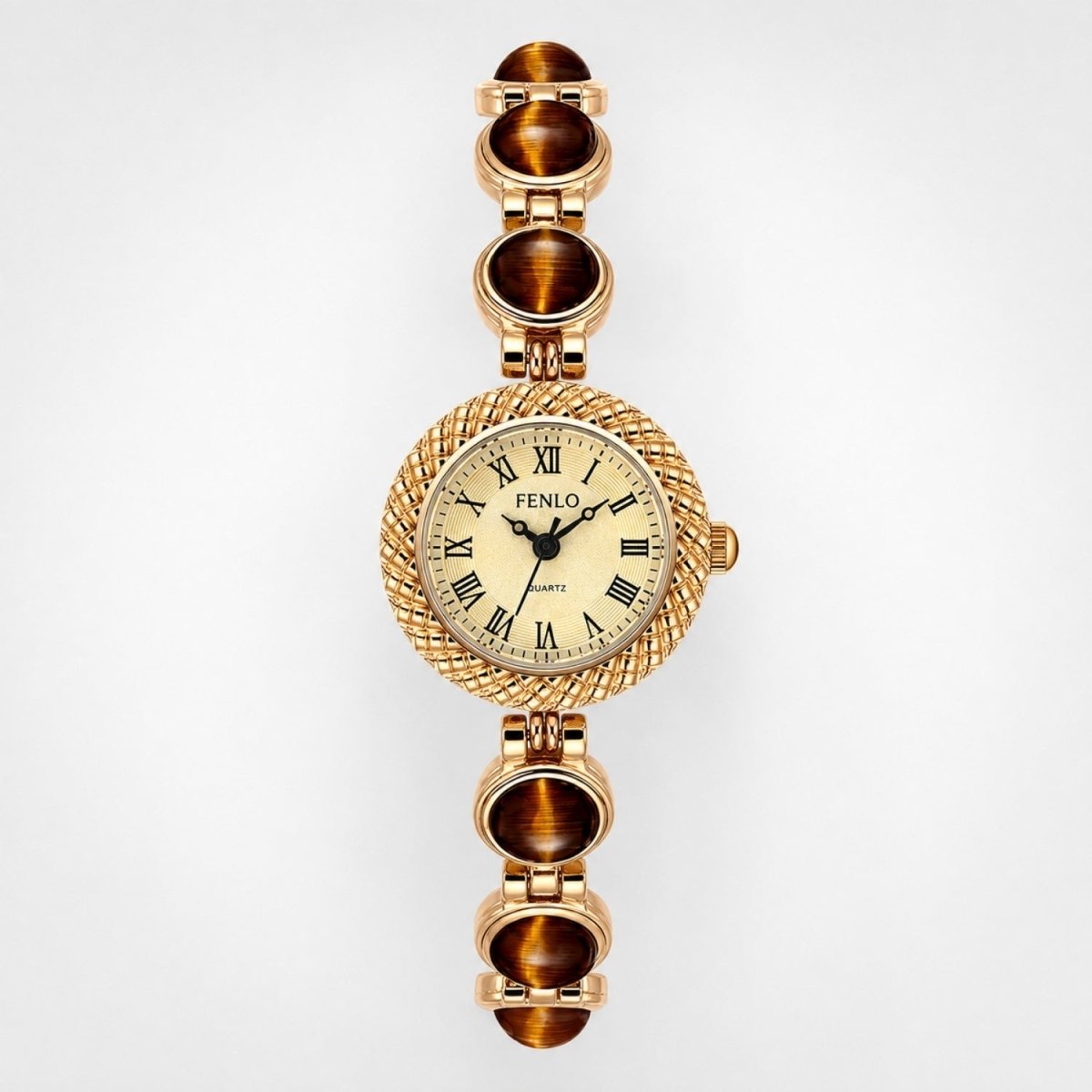 Front profile view of the women's gold watch with tiger's eye stones, highlighting the textured gold bezel and champagne dial on a white background.