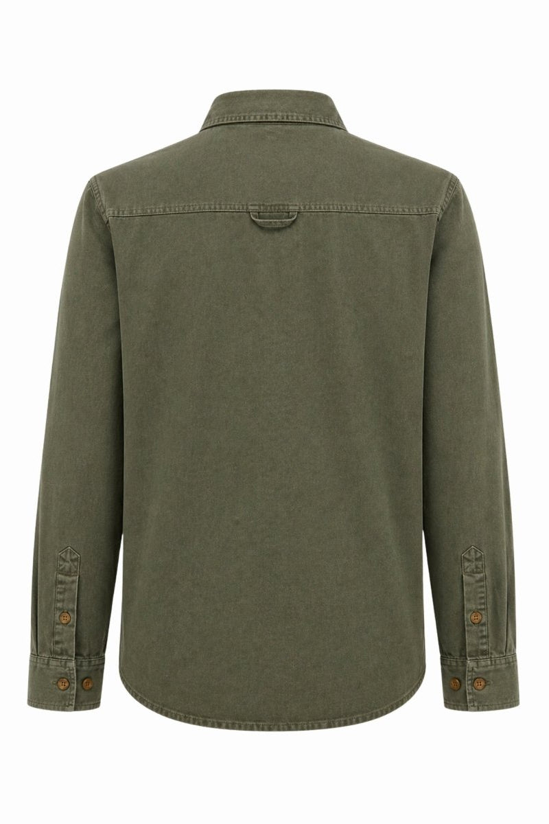 Flat lay back view of an green women's shirt showing back locker loop detail
