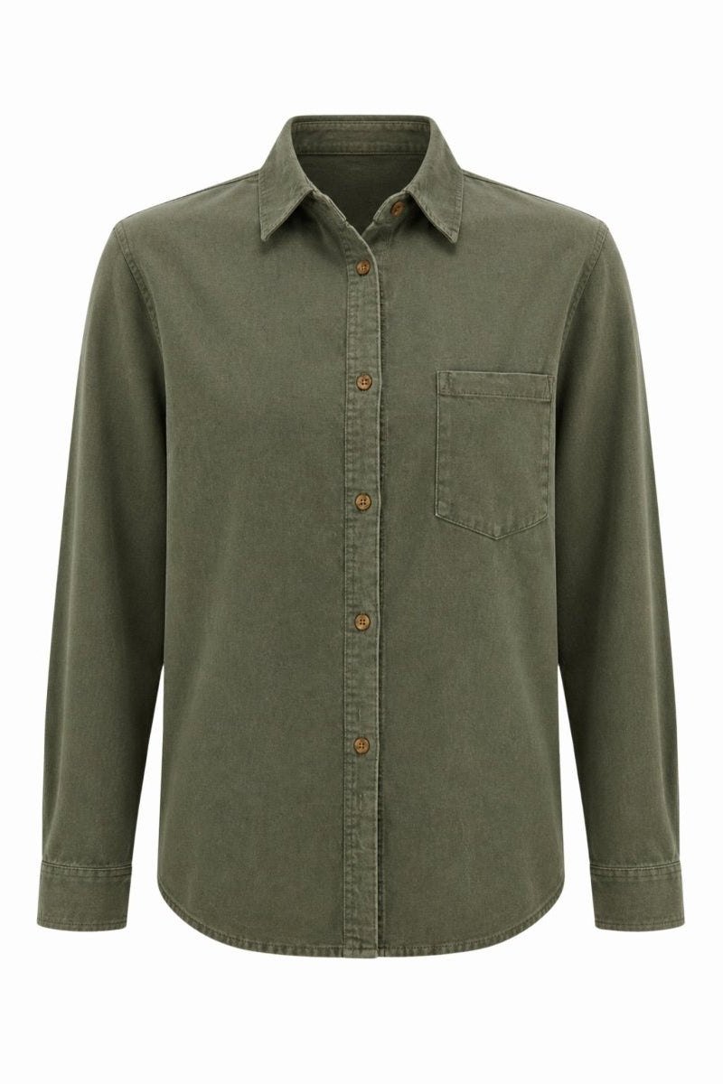 Flat lay front view of a women's green long sleeve button down shirt showing faux horn buttons