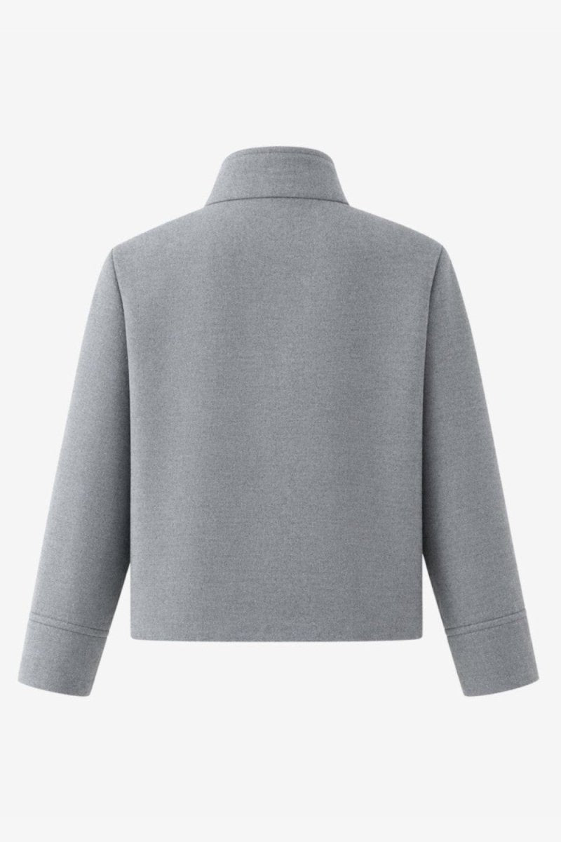 A light gray cropped jacket with a high mock neck collar, shown from the back on a clean white background.