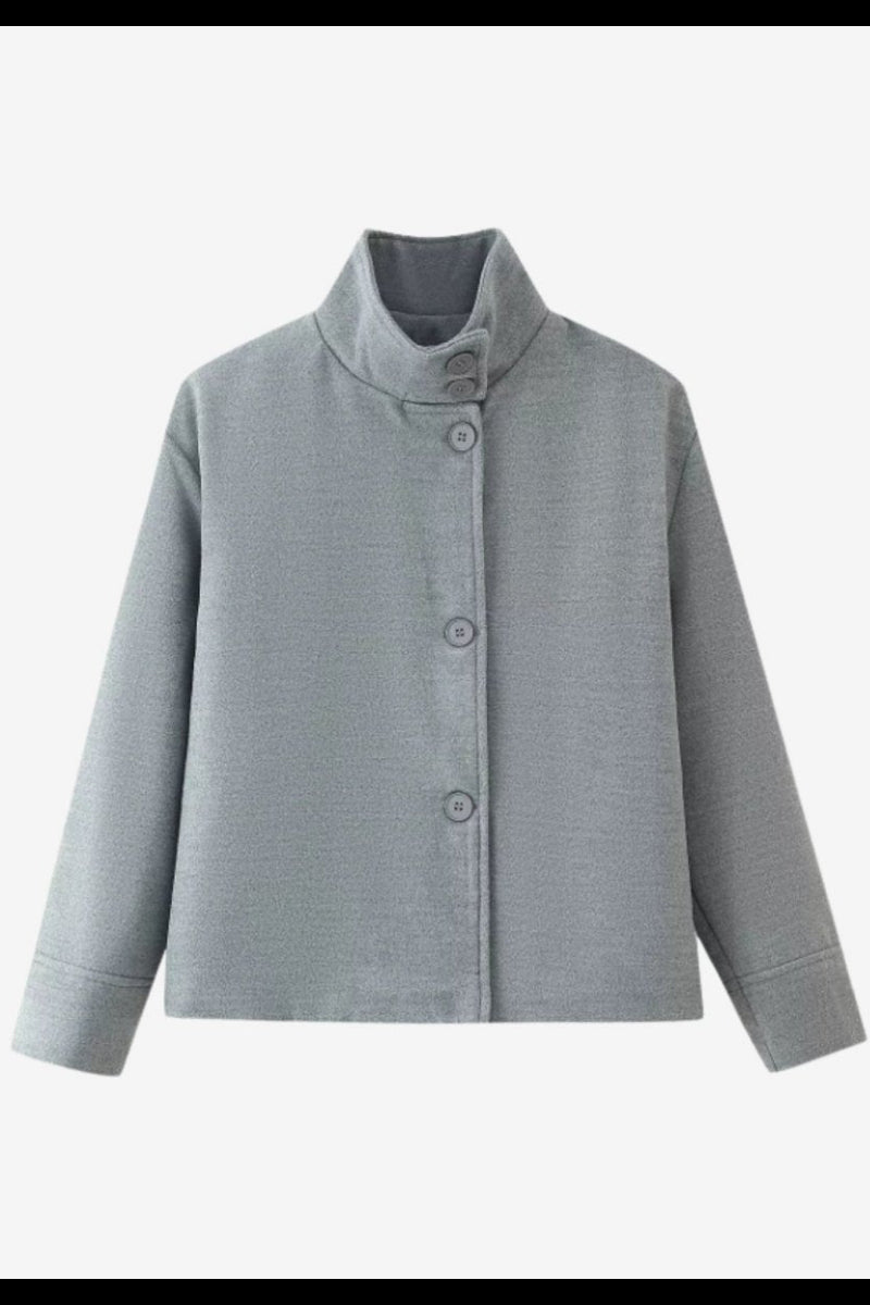 Flat lay front view of a grey button-up cropped funnel neck jacket on a white background.