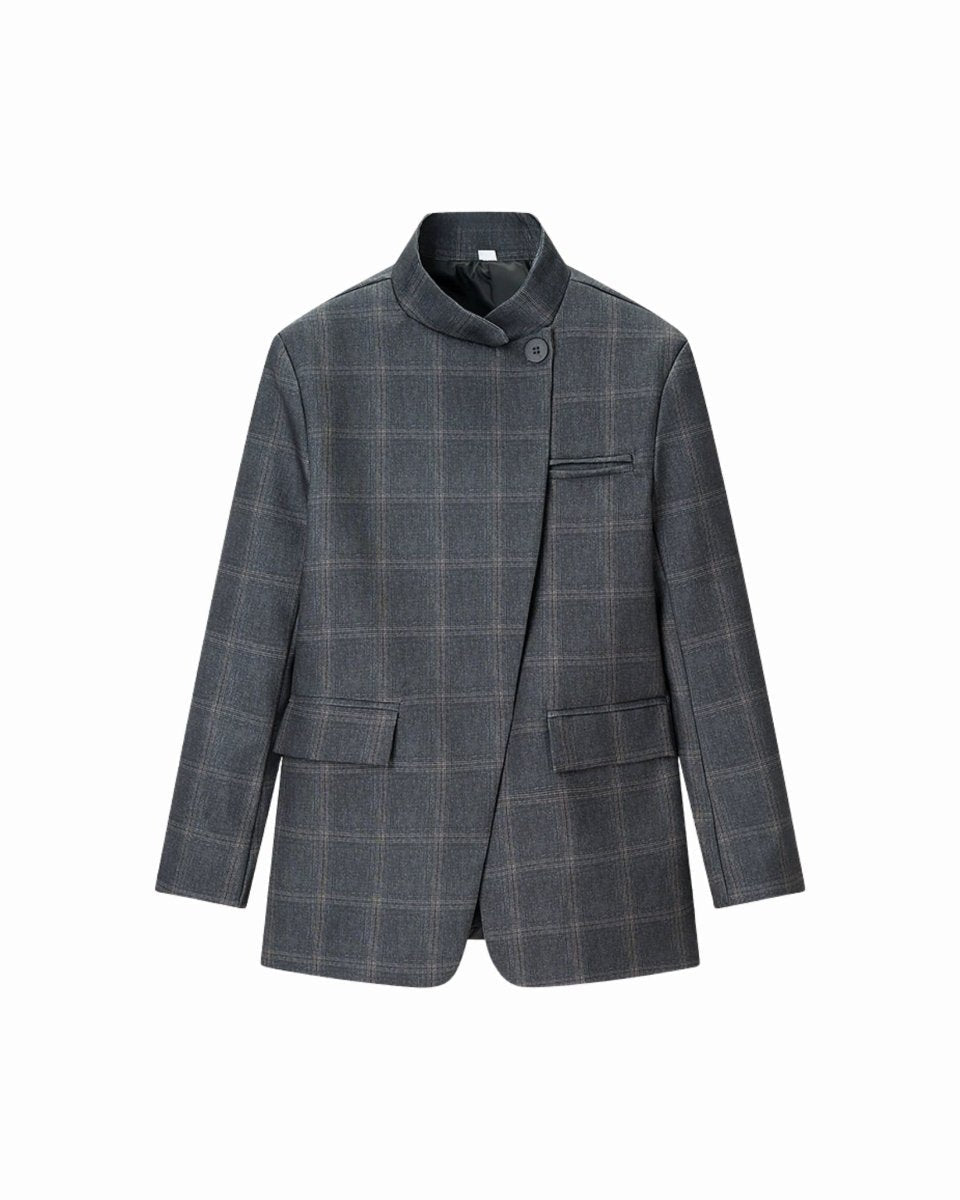 Ghost mannequin front flat lay of the grey windowpane plaid asymmetric button-up blazer.