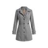 Product-only shot of a women's single-breasted grey wool coat with a removable belt, laid flat on a light grey background.
