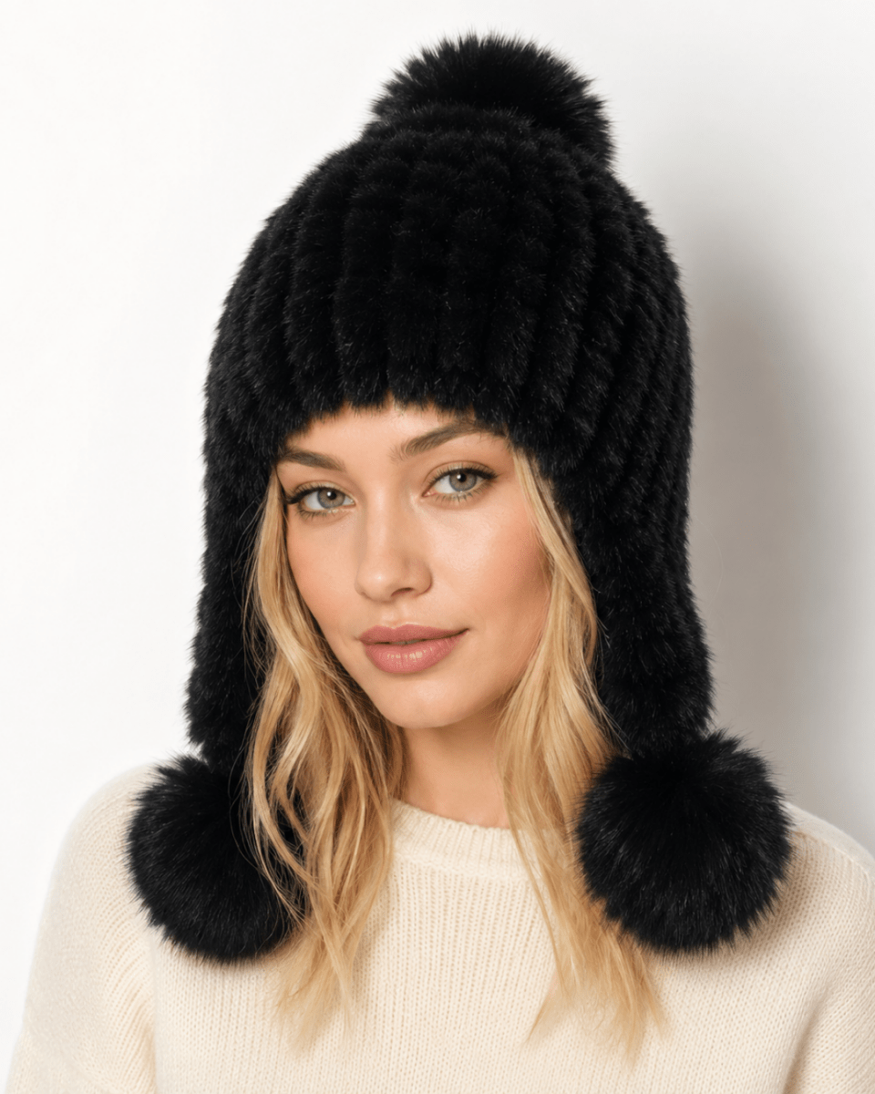 A woman wearing a black ribbed faux fur beanie hat with ear flaps and pom-poms, paired with a cream knit sweater against a plain white background.