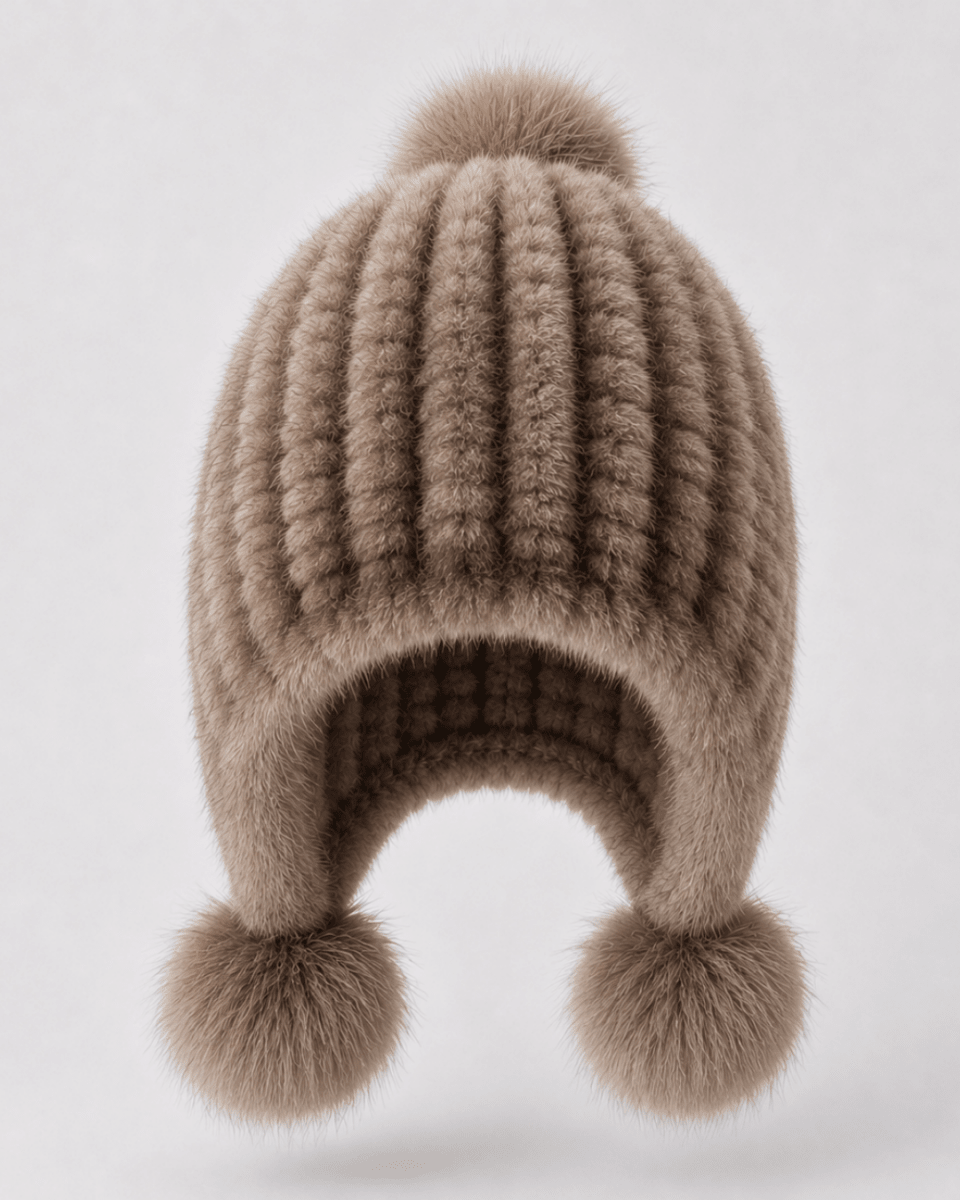 A ribbed knit winter hat in taupe brown faux fur, featuring a matching pom-pom on top and two pom-poms hanging from the ear flaps, shown against a light gray background.