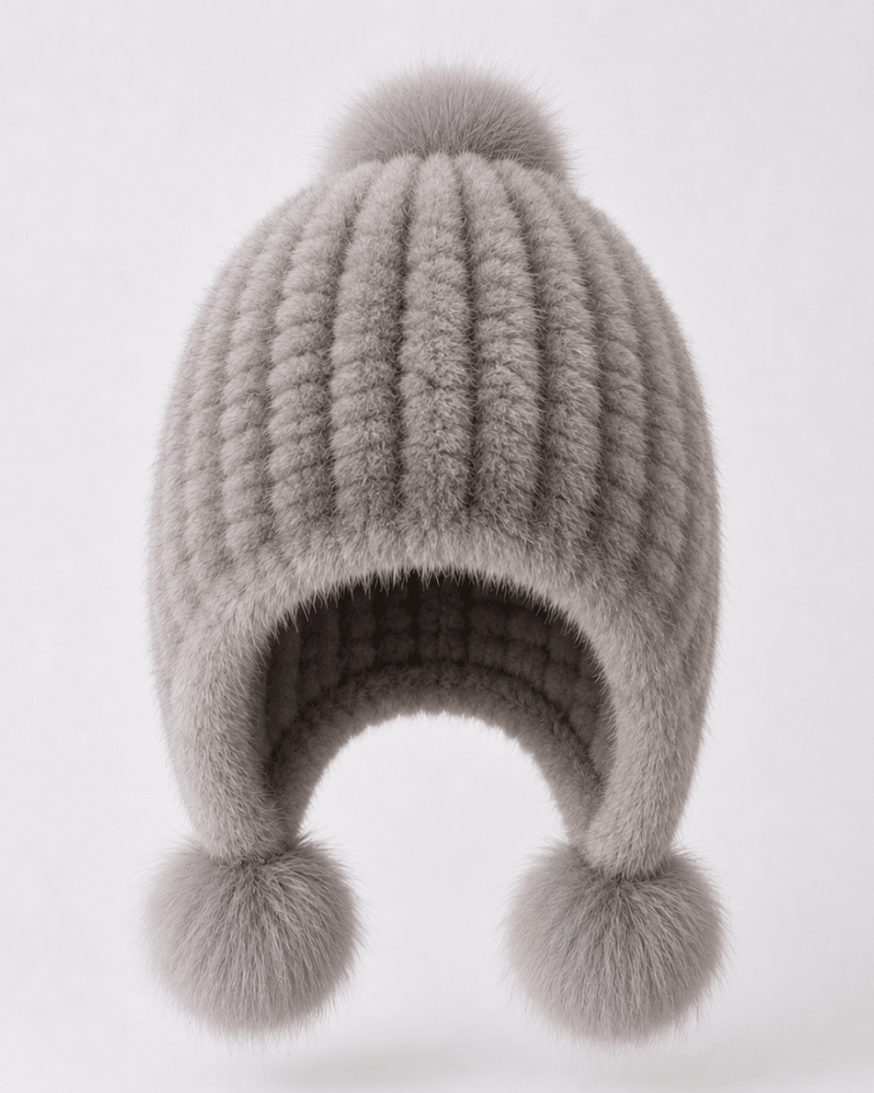 A light gray ribbed faux fur beanie hat with a matching pom-pom on top and two pom-poms hanging from the ear flaps, shown against a plain light gray background.