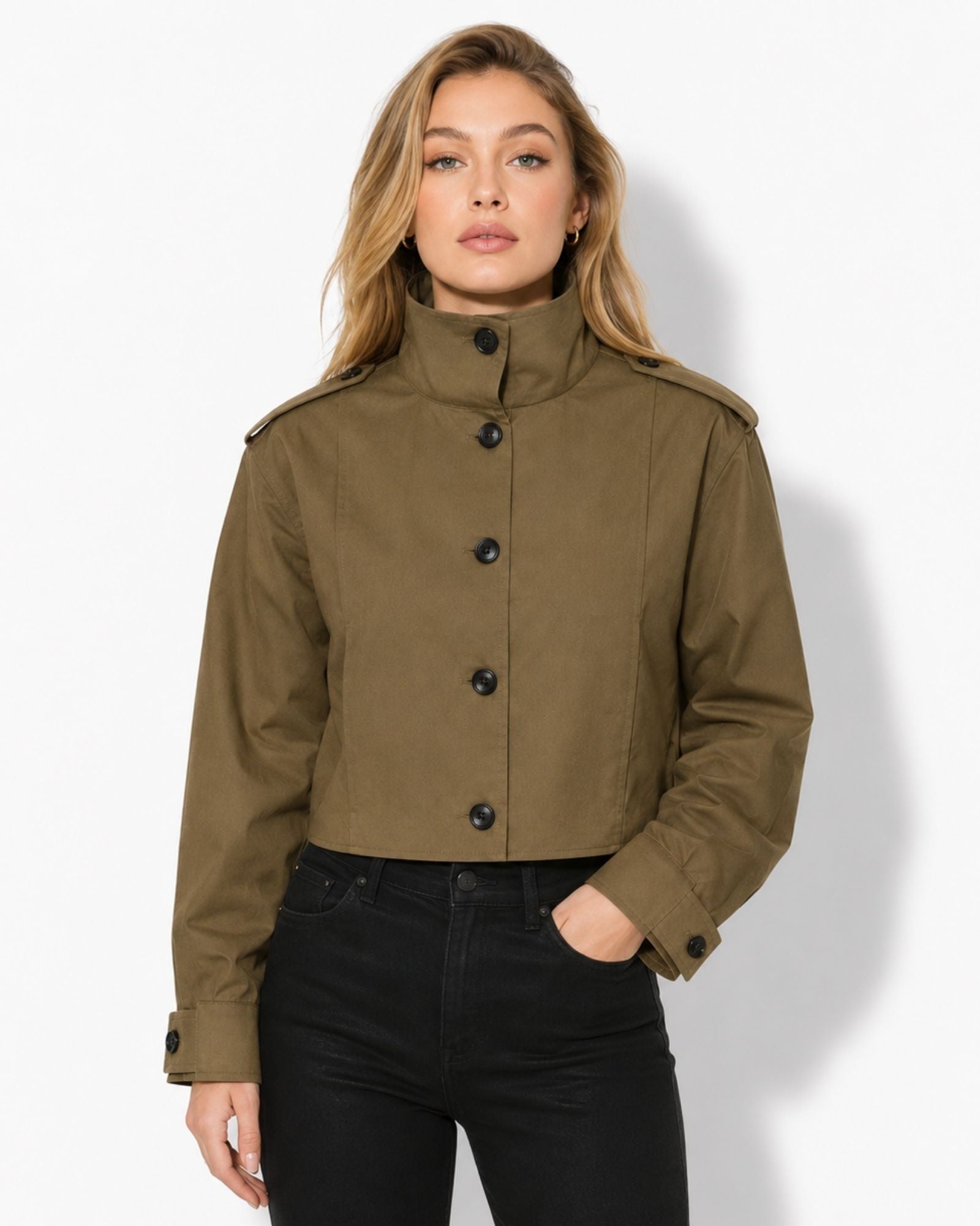 Woman wearing luxury olive green cropped utility jacket with black buttons and high waist black denim.