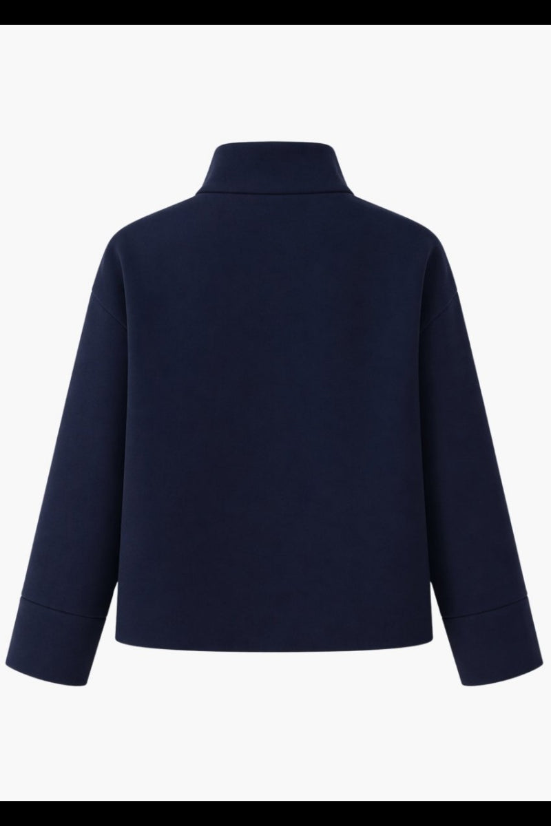 Back view flat lay of womens structured fall and winter outerwear jacket in dark navy.