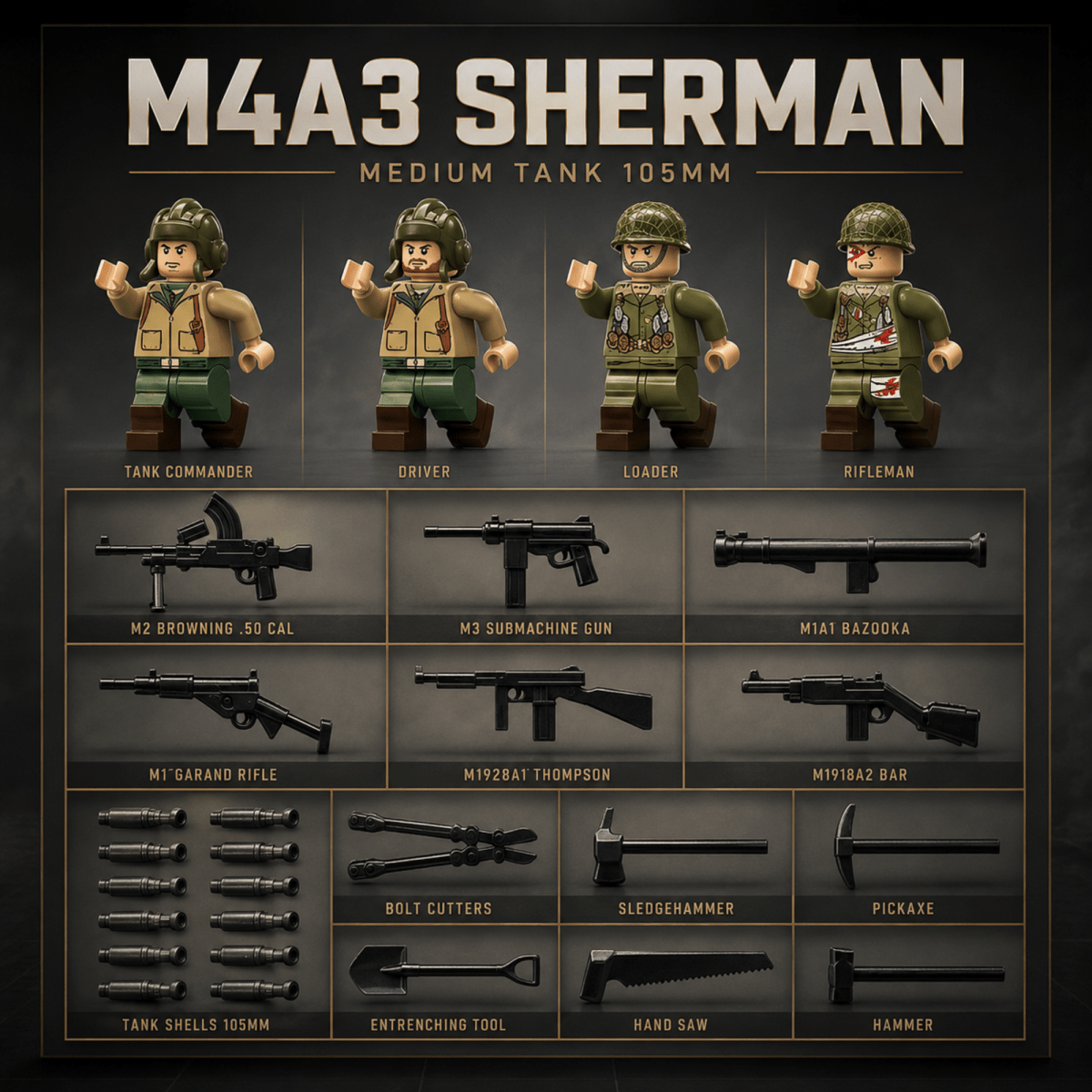 A product display sheet for a military-themed toy building block set titled 'M4A3 SHERMAN'. The sheet features four soldier minifigures (Tank Commander, Driver, Loader, Rifleman) in tan and green uniforms, and multiple weapon pieces including a Browning M2, M3 Submachine Gun, M1941 Bazooka, M1 Garand Rifle, M1928 Thompson, M1142 Bar, and various ammunition and tool pieces.