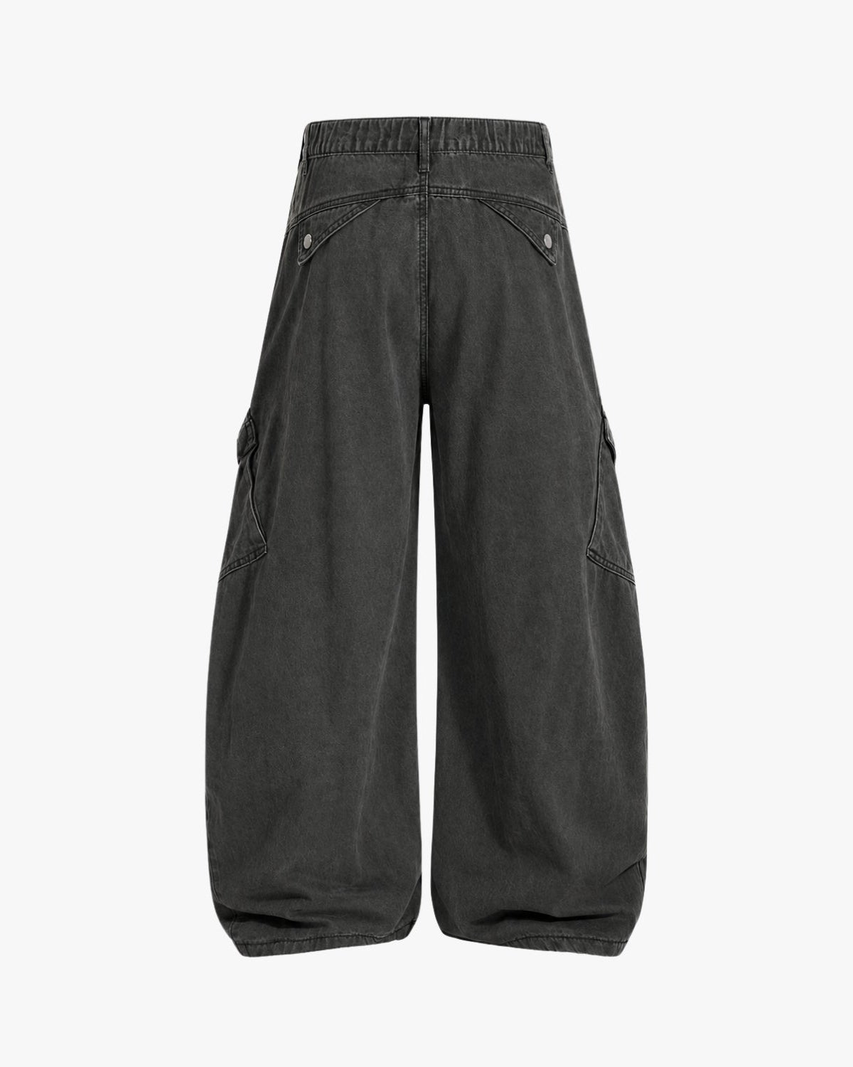 A pair of wide-leg cargo pants in washed black denim, shown from the back against a plain white background.