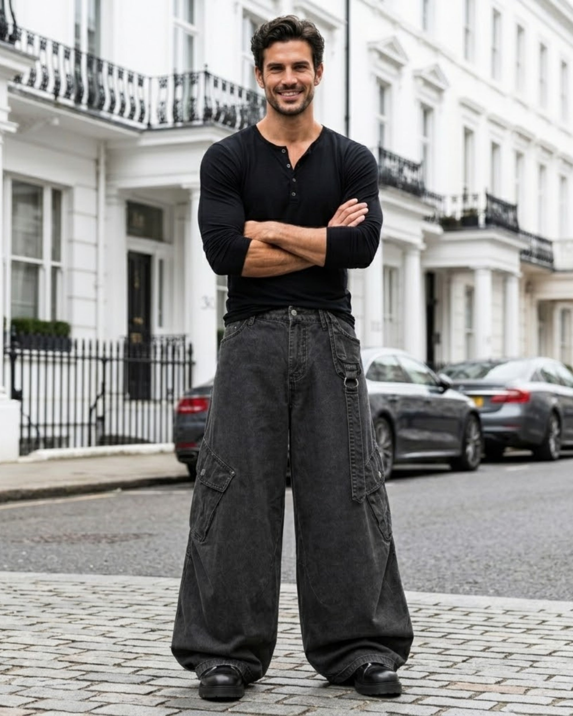 A man stands on a cobblestone street in front of white London townhouses, wearing a black long-sleeve henley shirt and very wide-leg dark gray cargo pants.
