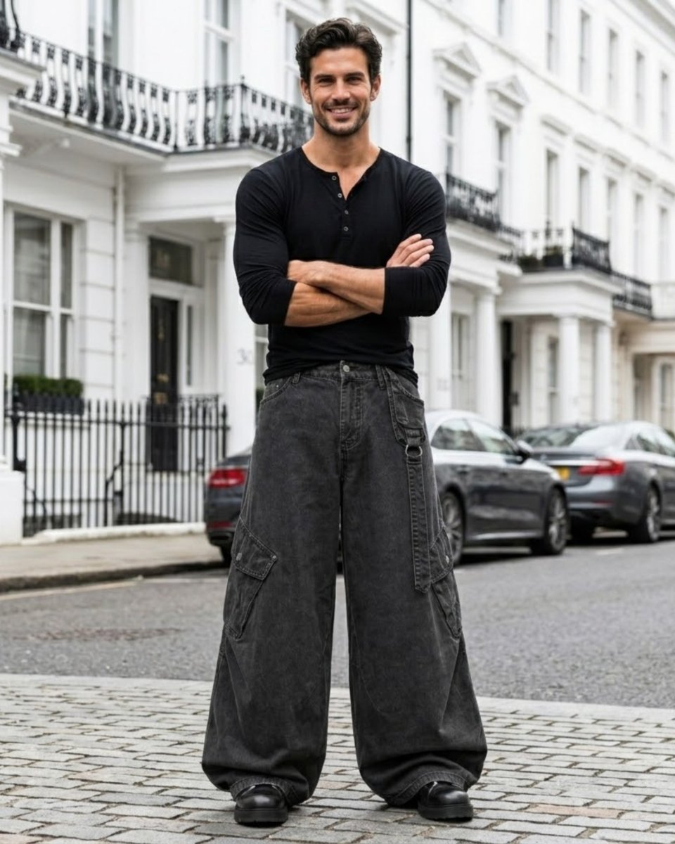 A man stands on a cobblestone street in front of white London townhouses, wearing a black long-sleeve henley shirt and very wide-leg dark gray cargo pants.