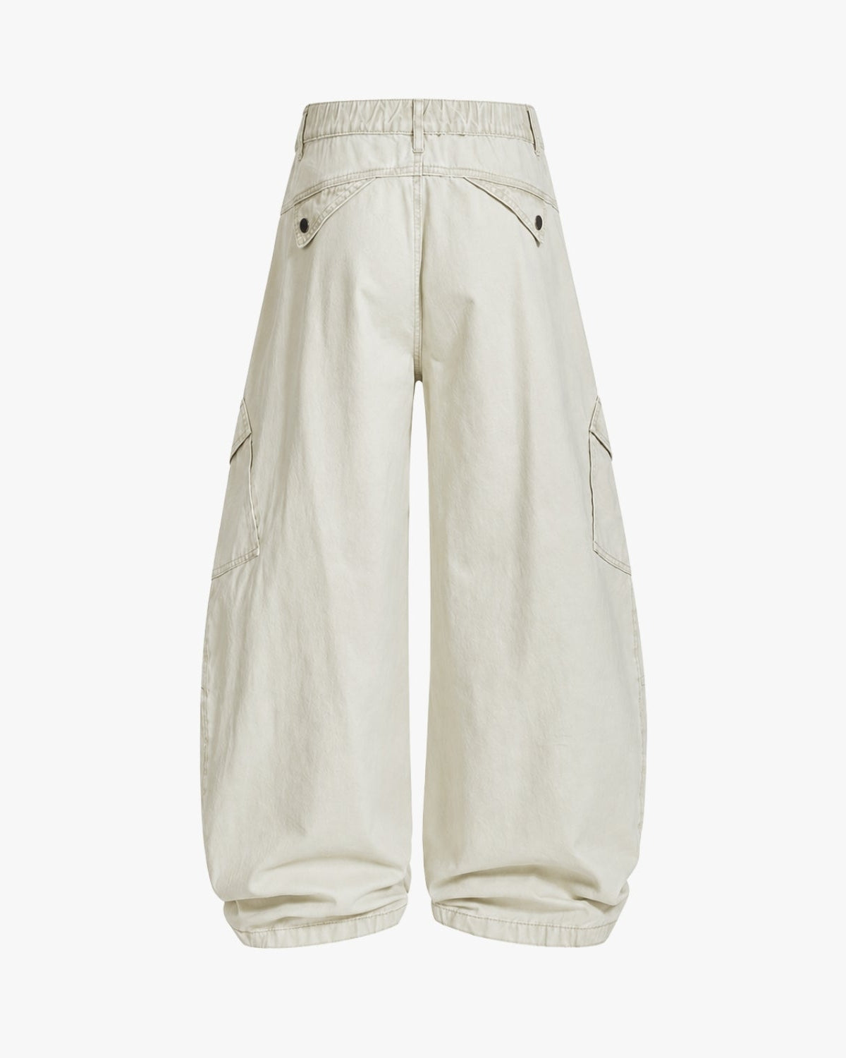 A pair of wide-leg cargo pants in a light cream or off-white color, shown from the back against a plain white background.