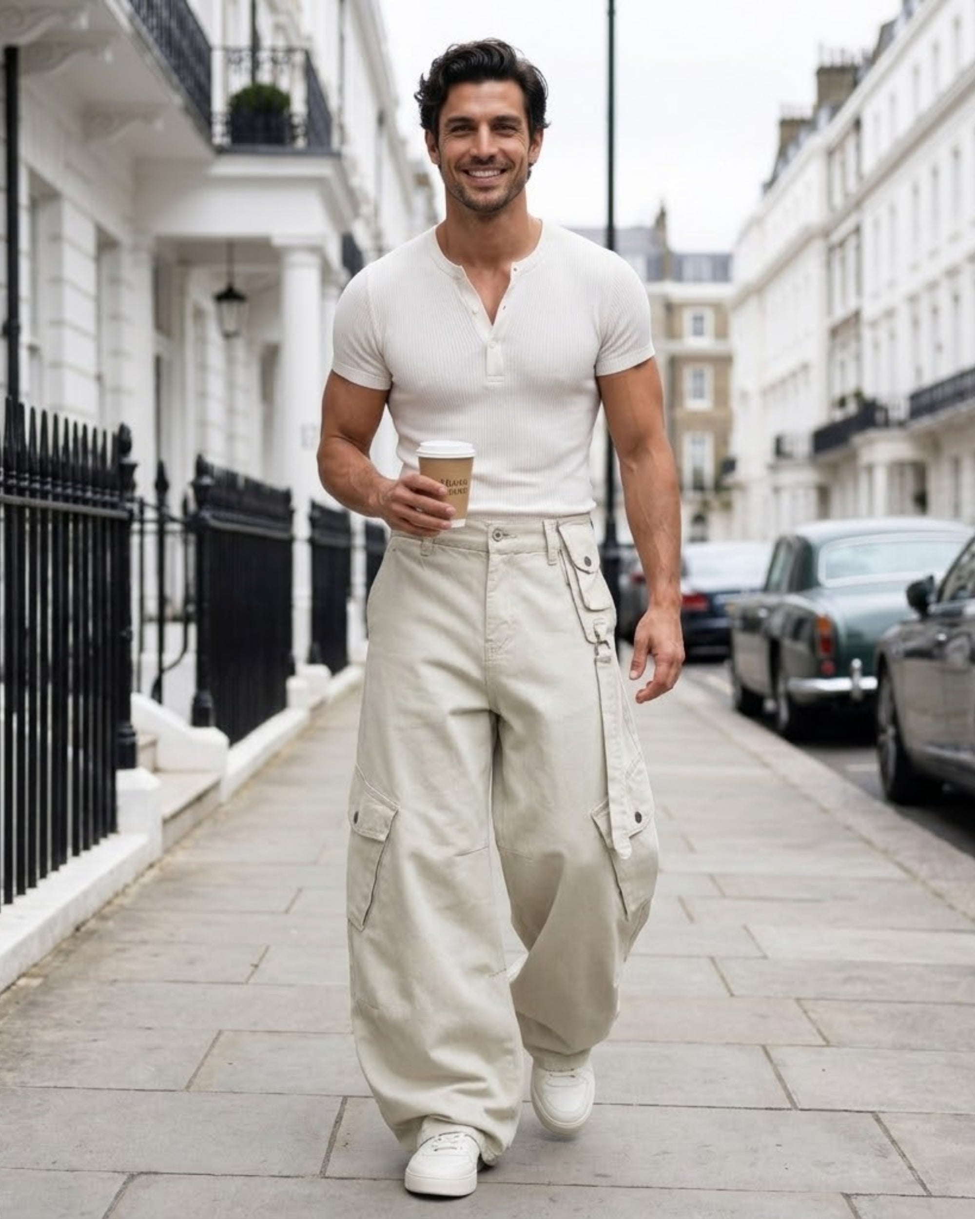 A man walking down a city street wearing a white short-sleeve henley shirt and beige wide-leg cargo pants, holding a paper coffee cup.