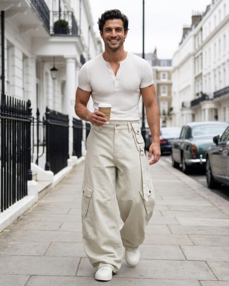 A man walking down a city street wearing a white short-sleeve henley shirt and beige wide-leg cargo pants, holding a paper coffee cup.