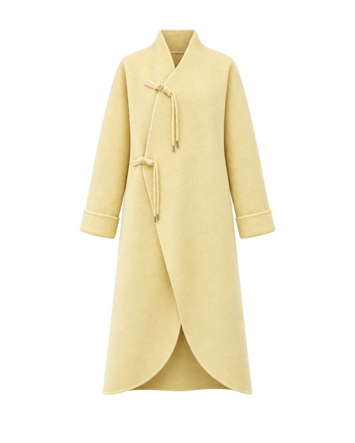 A pale yellow wrap-style coat with a mandarin collar and tie closures, shown on a plain white background.