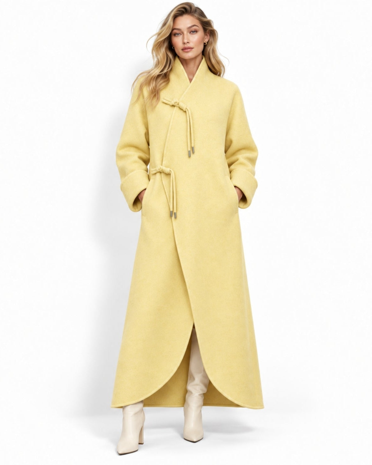 Woman wearing the yellow long luxury wool wrap coat with asymmetrical hem and knot tie closure.
