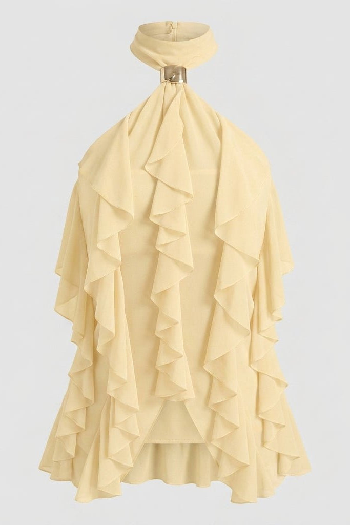Flat lay style front view of the unlined pale yellow sheer ruffle resort wear top by Fenlo Form.