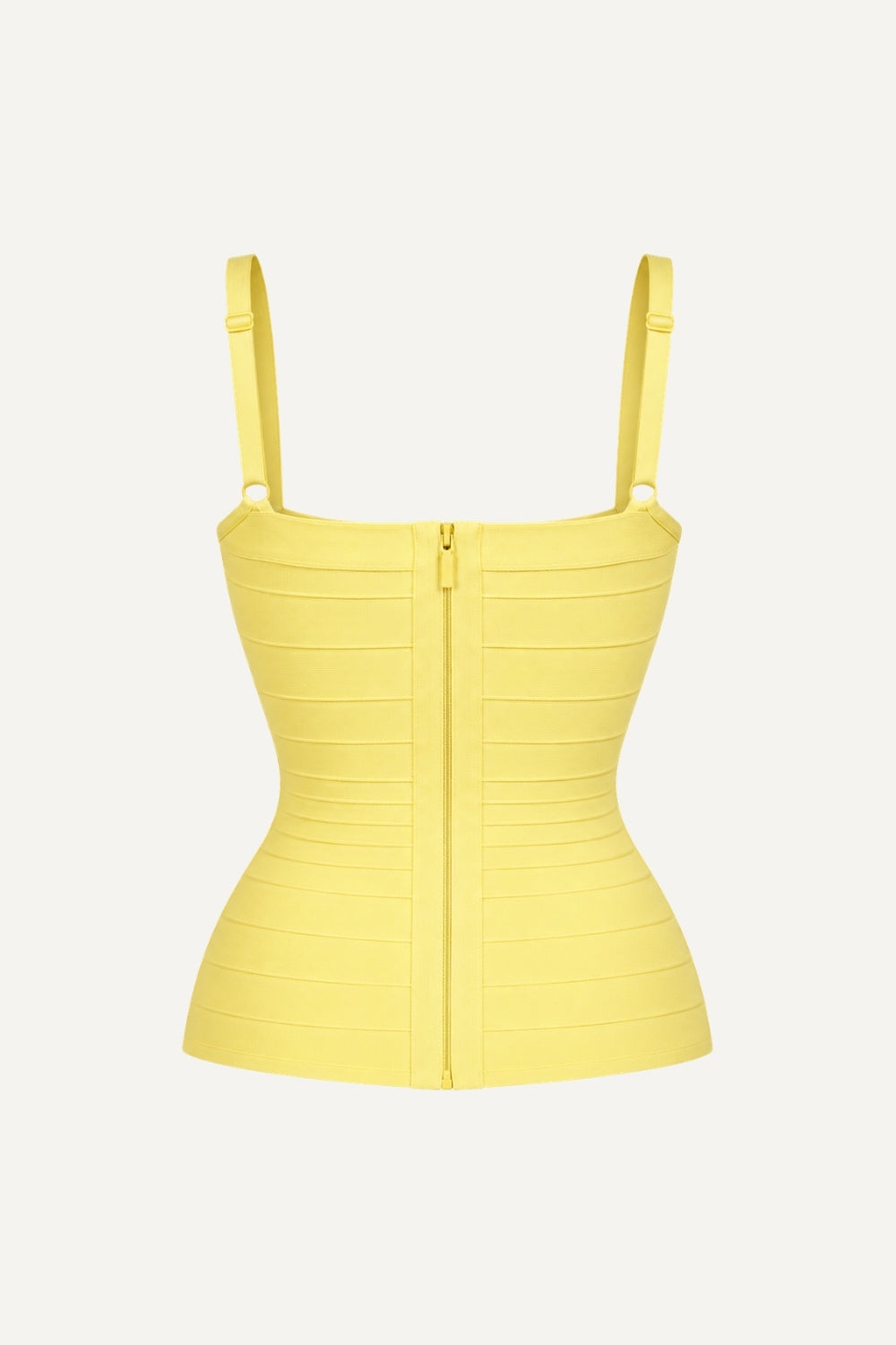 A bright yellow structured corset-style top with thin shoulder straps, a square neckline, and a front zipper, shown on a plain light background.