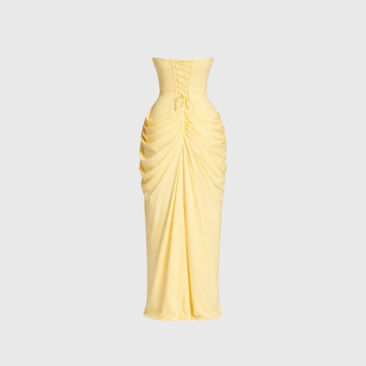Back flat lay studio view of pale yellow formal dress highlighting the adjustable lace-up corset tie detail.