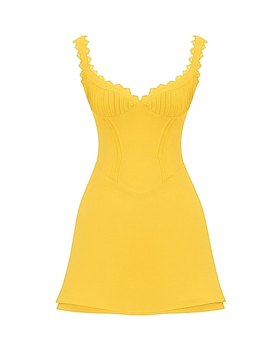 Product flat lay of a yellow corset mini dress with scalloped frill details on the straps and bust.