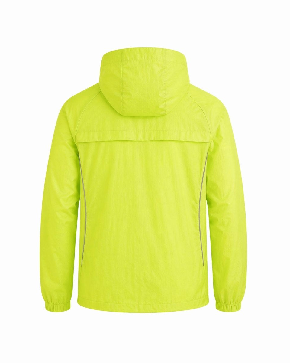 Back flat lay view of yellow hooded active jacket showing back vent details and elastic cuffs