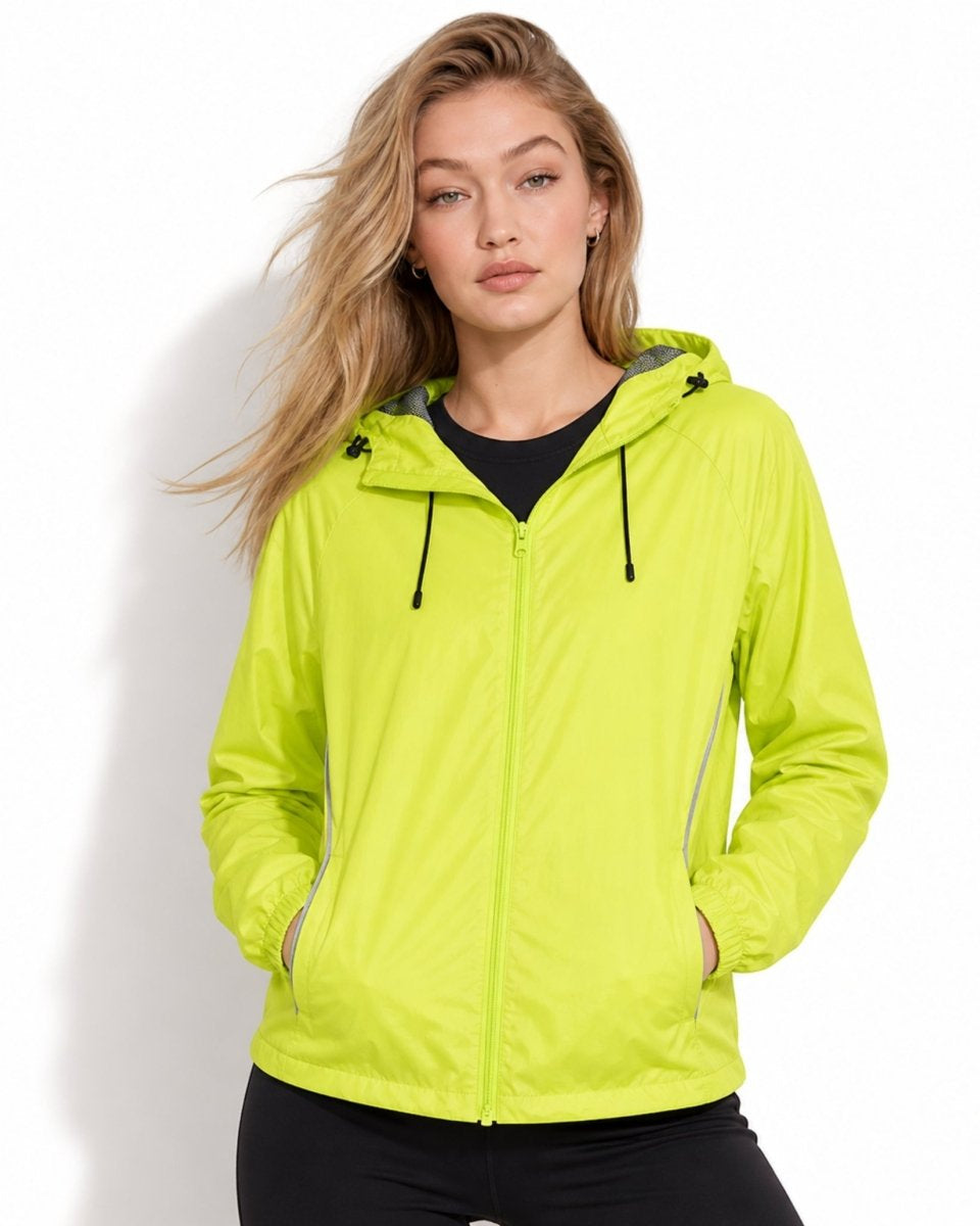 Female model showcasing yellow high visibility running jacket with adjustable drawstring hood