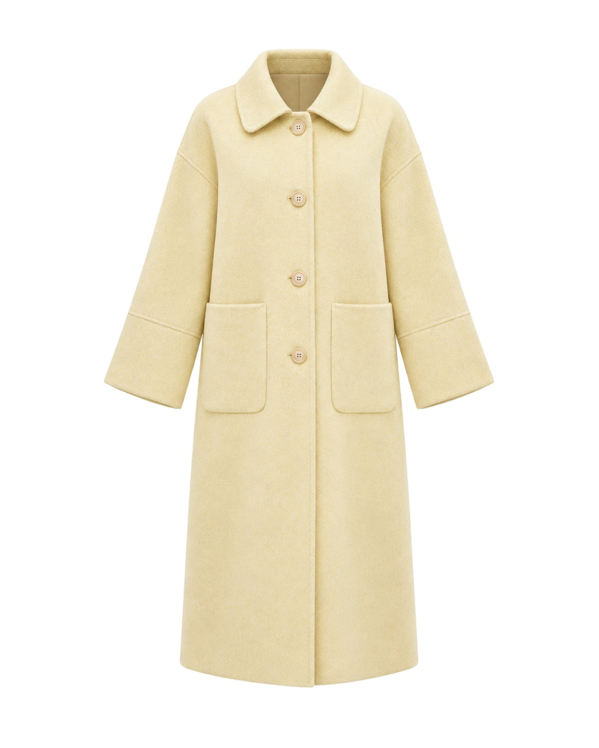 A pale yellow wool-blend coat with a collar, three-quarter sleeves, and two front patch pockets, shown on a plain white background.