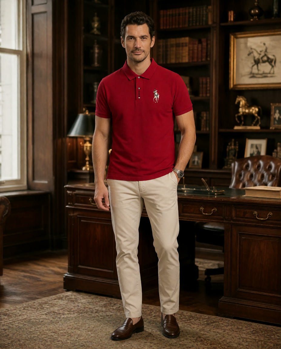 Brix: Model trägt ein rotes Poloshirt zur hellen Hose in einem Raum mit Bücherregalen.