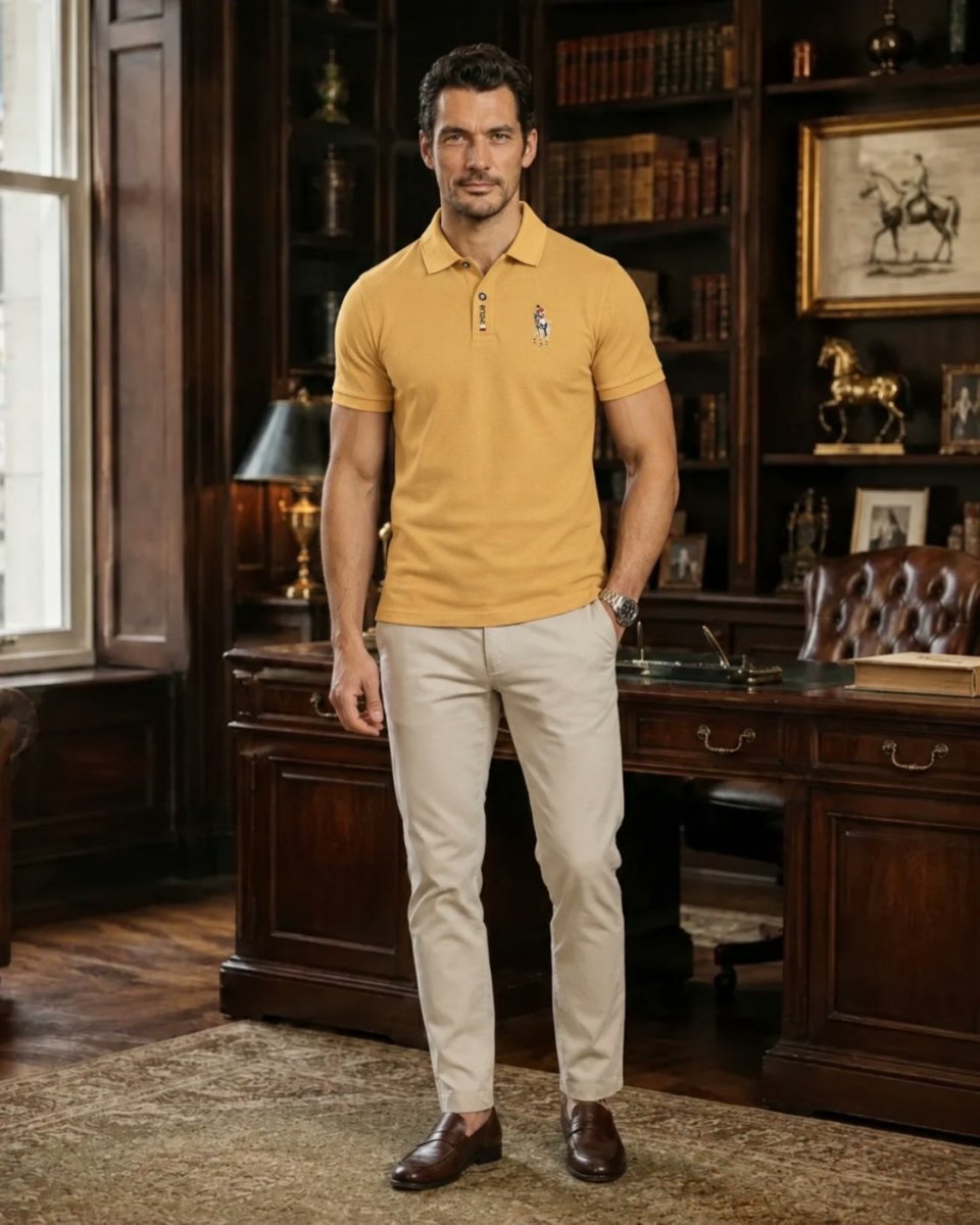 Brix: Model trägt ein gelbes Poloshirt zur hellen Hose in einem Raum mit Bücherregalen.