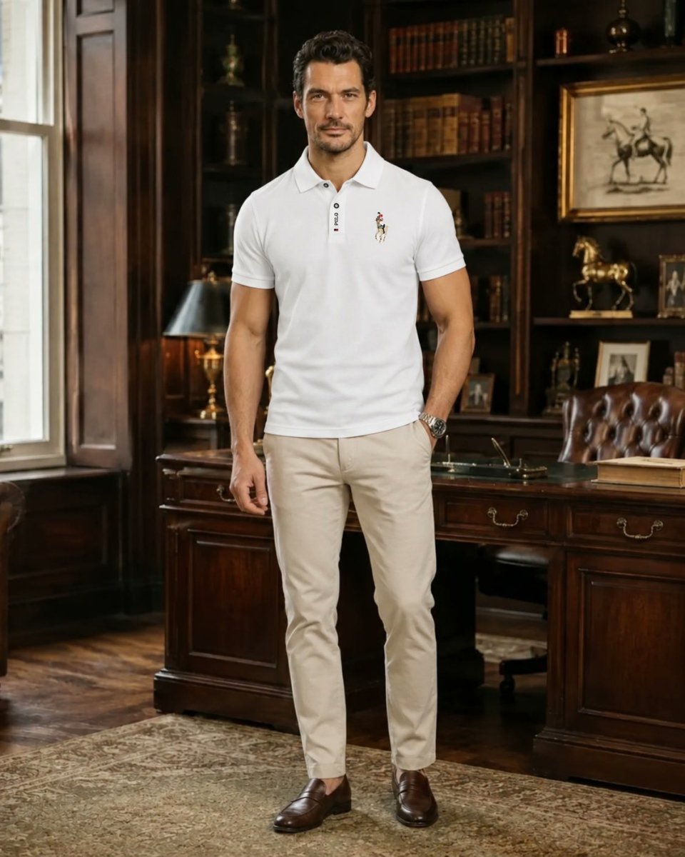 Brix: Model trägt ein helles Poloshirt zur beigen Hose in einem Raum mit Bücherregalen.