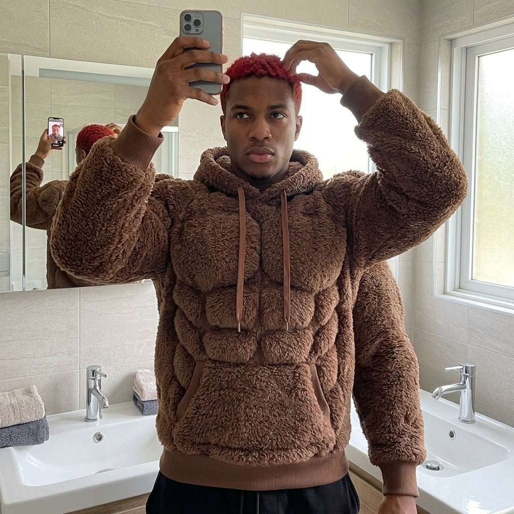 Men's Kouvr Titan Sherpa fleece pullover hoodie featuring a padded six-pack design.
