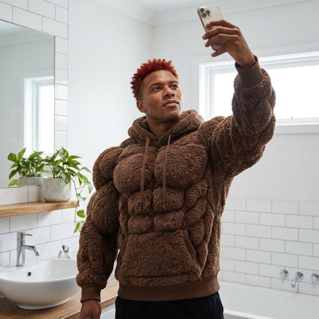 Model wearing a dark Kouvr Titan Sherpa Muscle Hoodie with padded abs detail in a city setting.