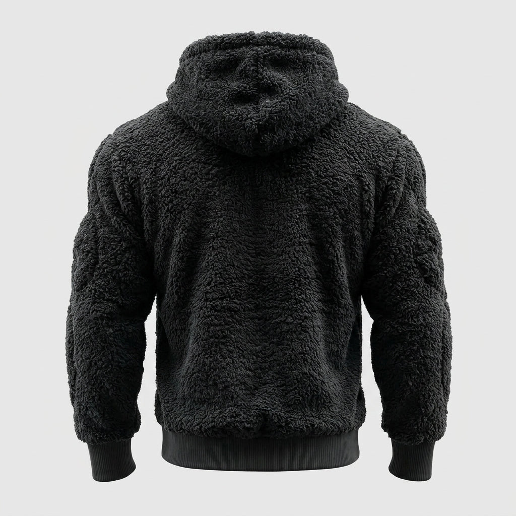 Kouvr Titan Sherpa Muscle Hoodie with padded six-pack design in off-white fleece.
