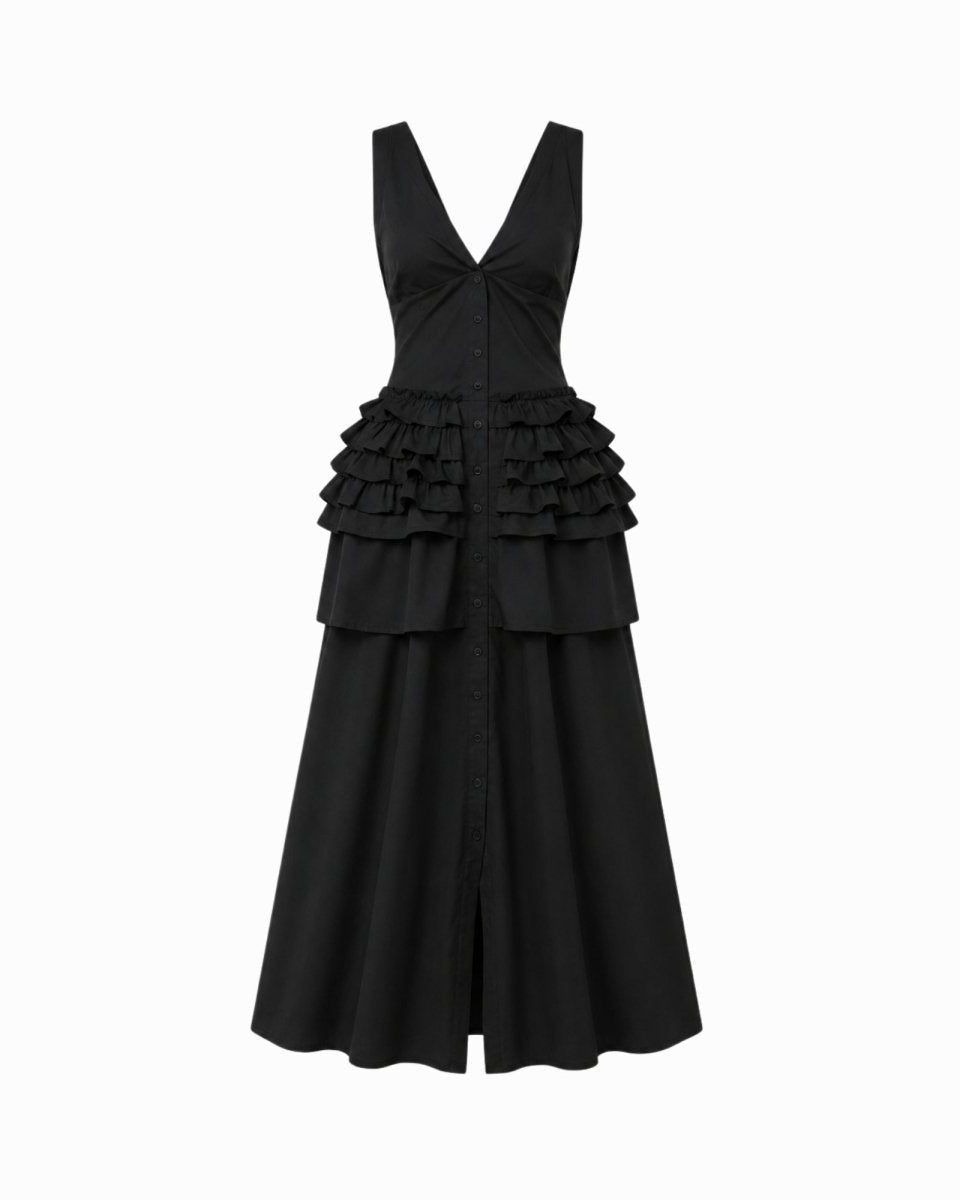 A black sleeveless midi dress with a V-neckline, a tiered ruffle waist, and a button-front skirt, shown against a plain white background.