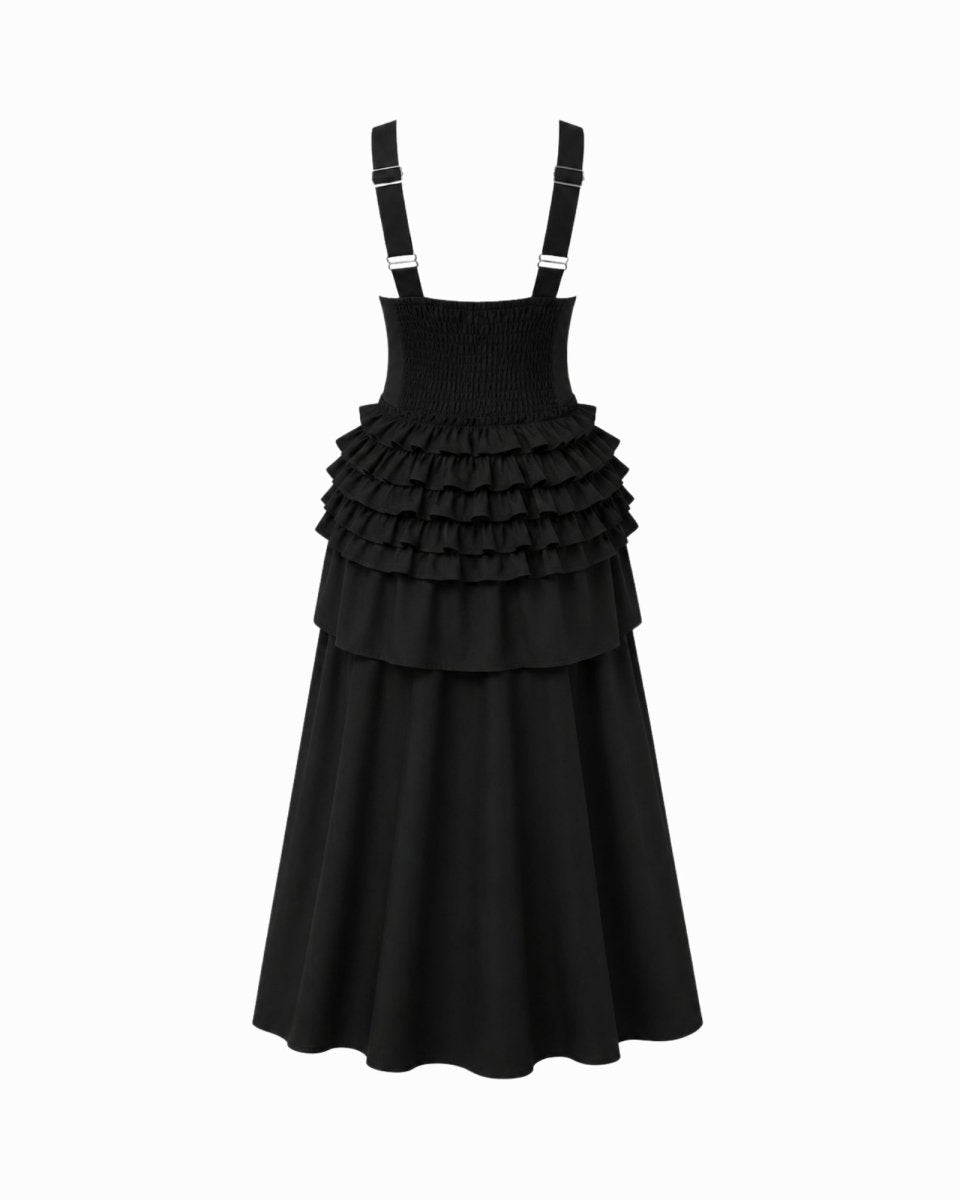 A black sleeveless dress with shoulder straps, a smocked bodice, and multiple tiers of ruffles on the skirt, shown against a plain white background.