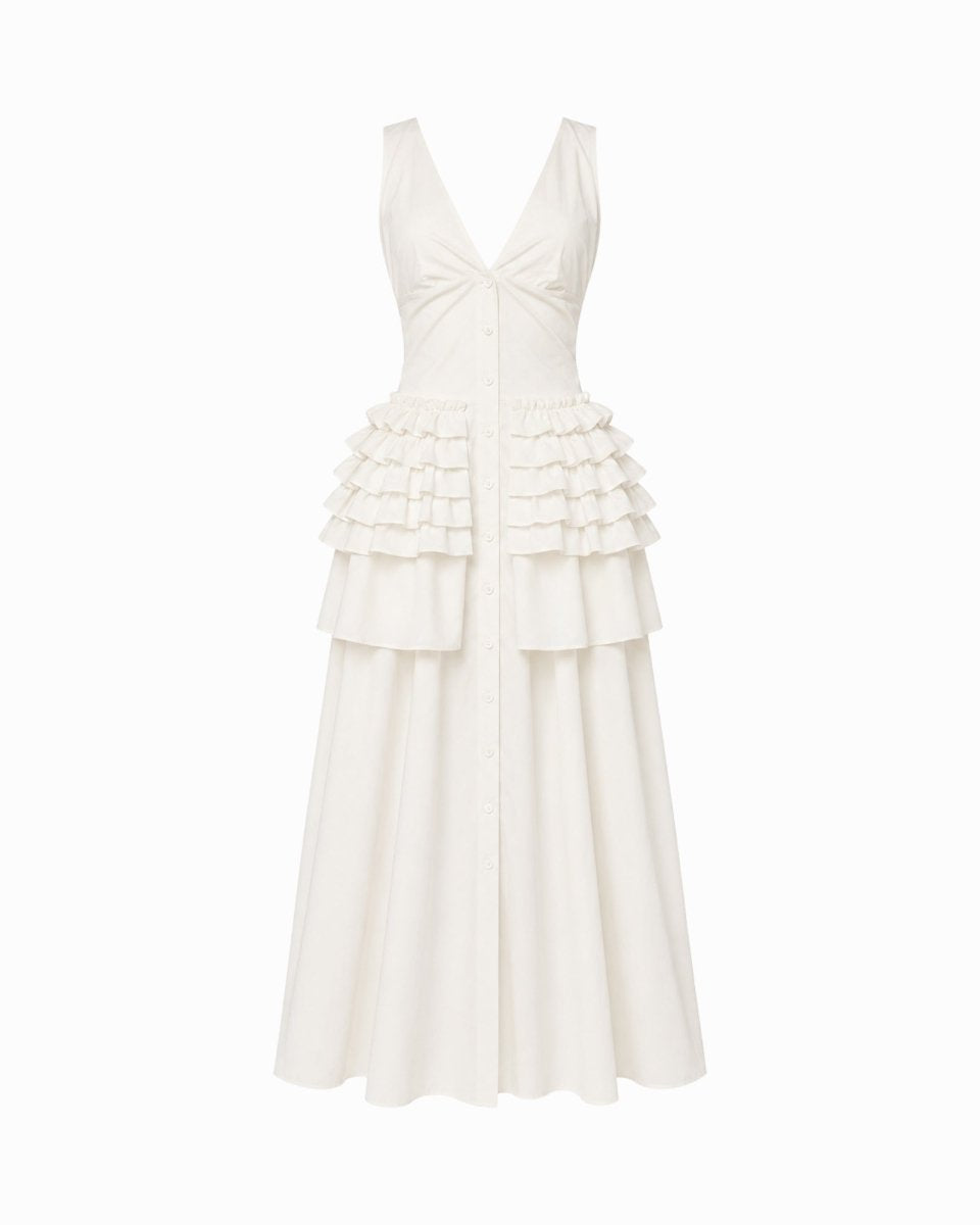 An off-white sleeveless midi dress with a V-neckline, a gathered waist, and a tiered ruffle skirt, shown against a plain white background.