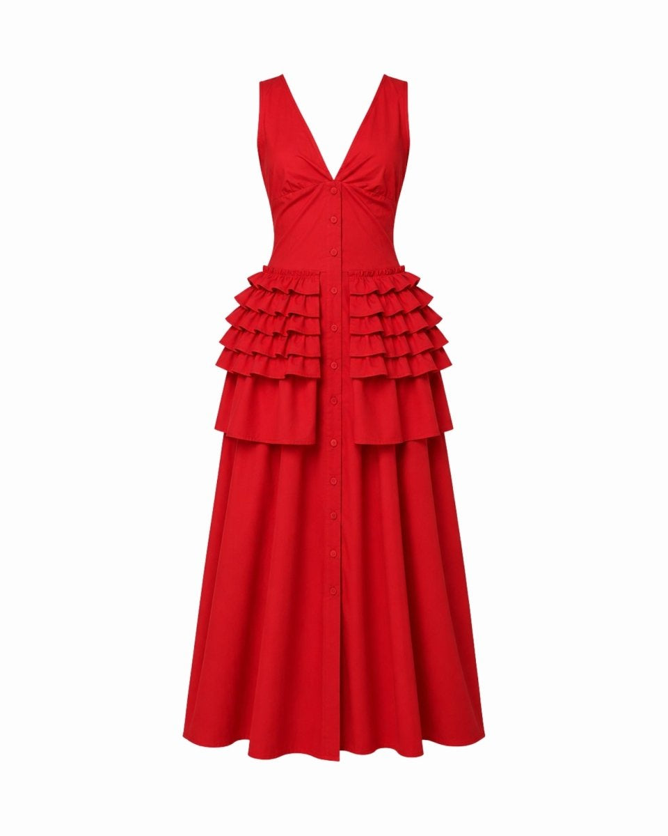A bright red sleeveless midi dress with a V-neckline, gathered waist, and tiered ruffle detailing, shown against a plain white background.