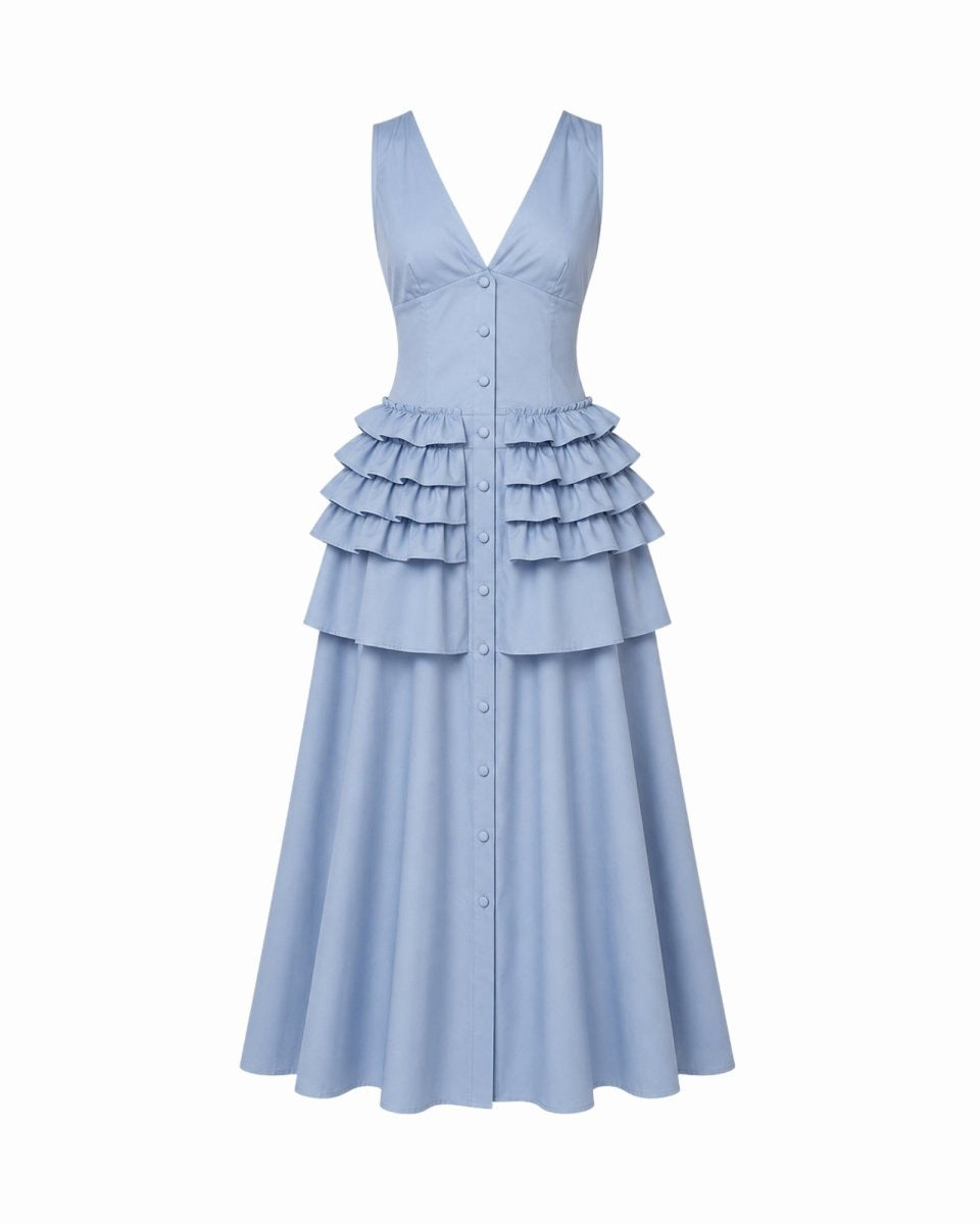 A light blue sleeveless midi dress with a V-neckline, button-down front, and a tiered ruffle waist, shown against a plain white background.