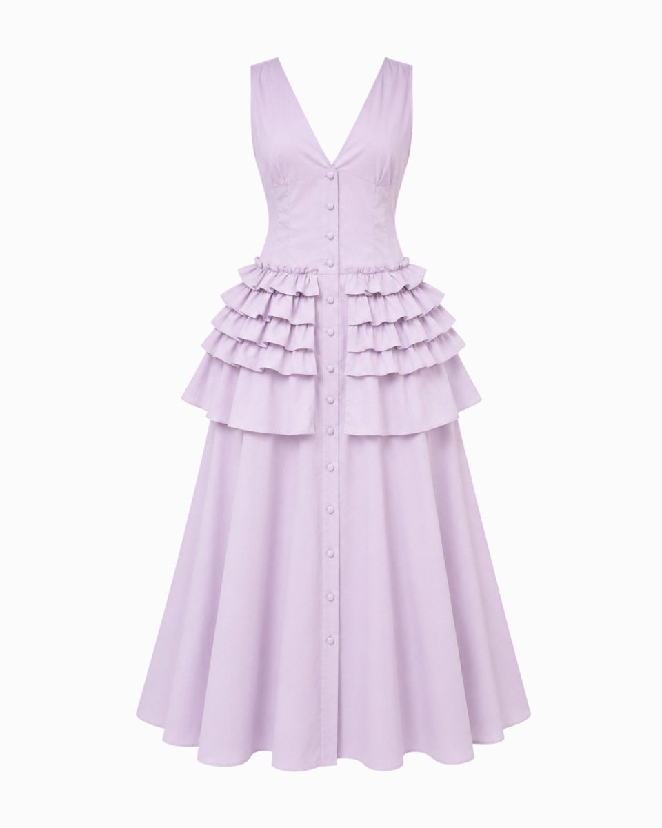A sleeveless lavender dress with a V-neckline, button-down front, structured corset-style bodice, and a tiered ruffle waist, shown on a plain light gray background.