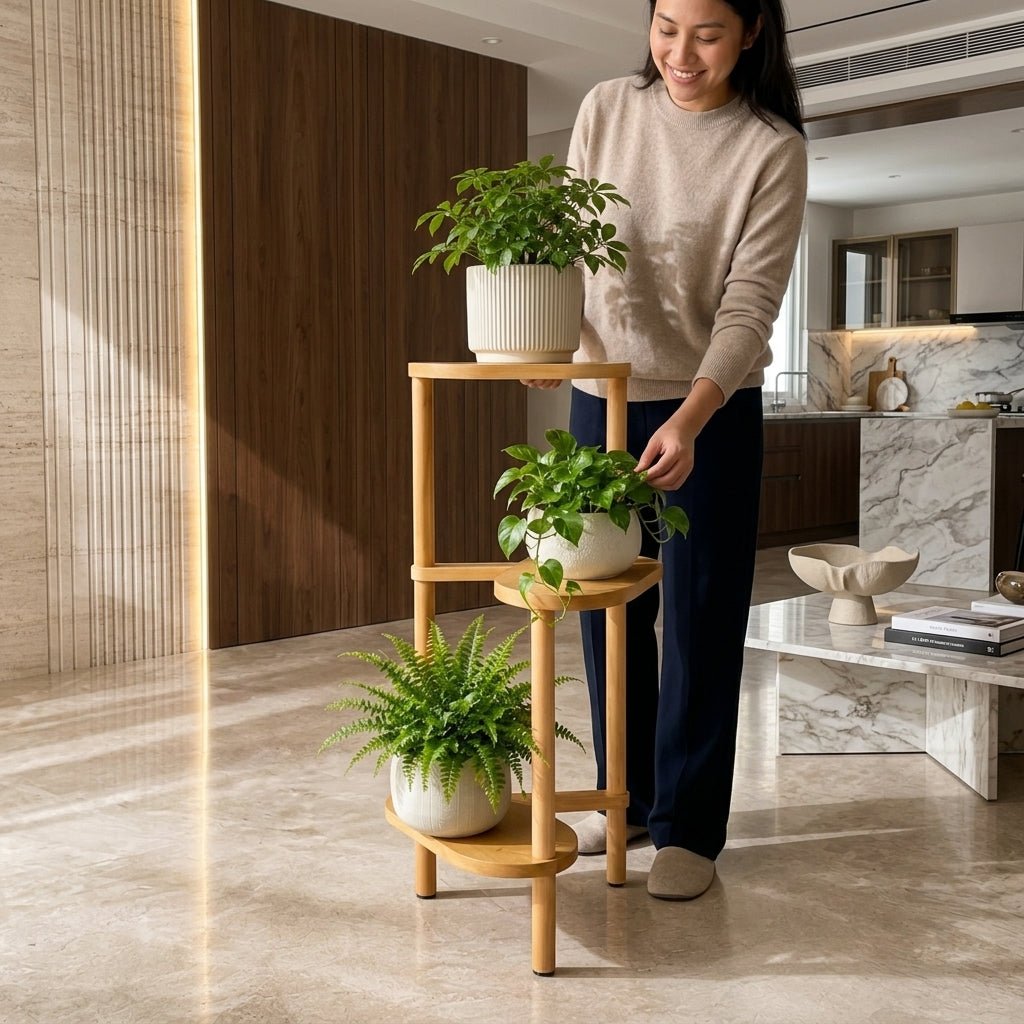 Arbor Display Stand | Mid-Century 3-Tier Solid Wood Plant Shelf - luxury contemporary person