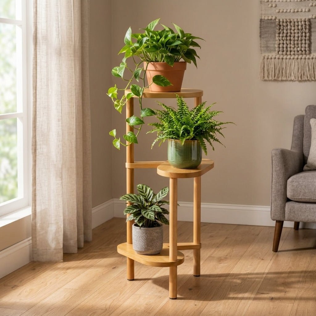 Arbor Display Stand | Mid-Century 3-Tier Solid Wood Plant Shelf - environment scene