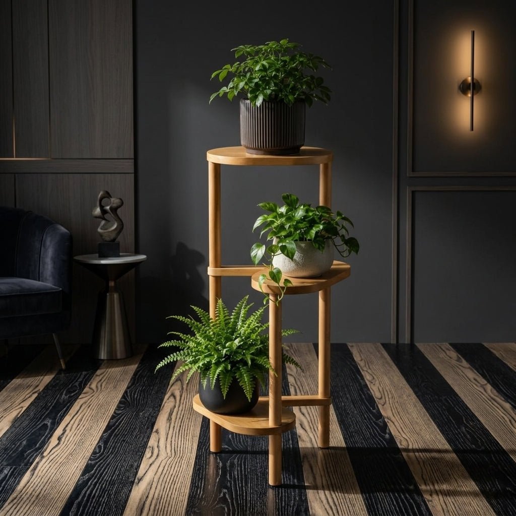 Arbor Display Stand | Mid-Century 3-Tier Solid Wood Plant Shelf - dark luxury alt angle