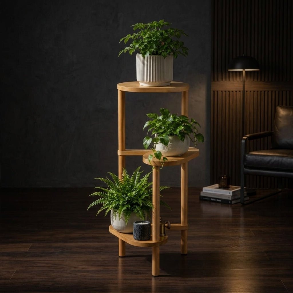 Arbor Display Stand | Mid-Century 3-Tier Solid Wood Plant Shelf - dark modern luxury interior