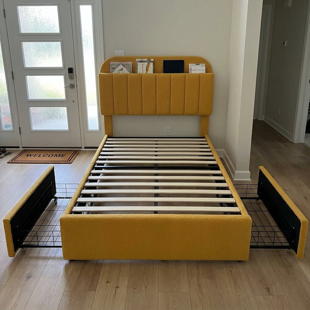 Twin Bed Frame with Storage Headboard Kids Bed Frame with 2 Drawers, Boucle Upholstered Platform Bed with Bookcase Easy Assembly - customer delivery front door