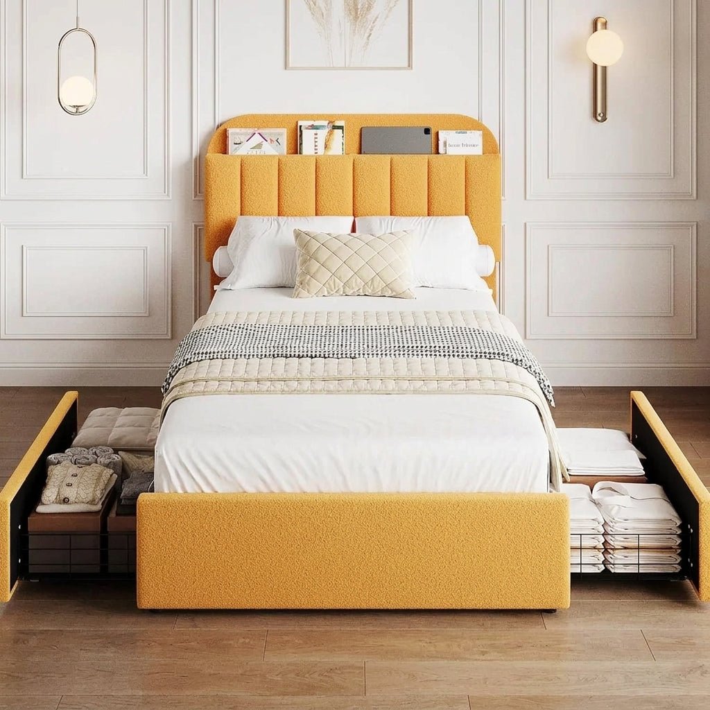 Twin Bed Frame with Storage Headboard Kids Bed Frame with 2 Drawers, Boucle Upholstered Platform Bed with Bookcase Easy Assembly - full view