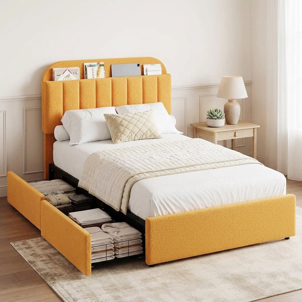 Twin Bed Frame with Storage Headboard Kids Bed Frame with 2 Drawers, Boucle Upholstered Platform Bed with Bookcase Easy Assembly - environment scene