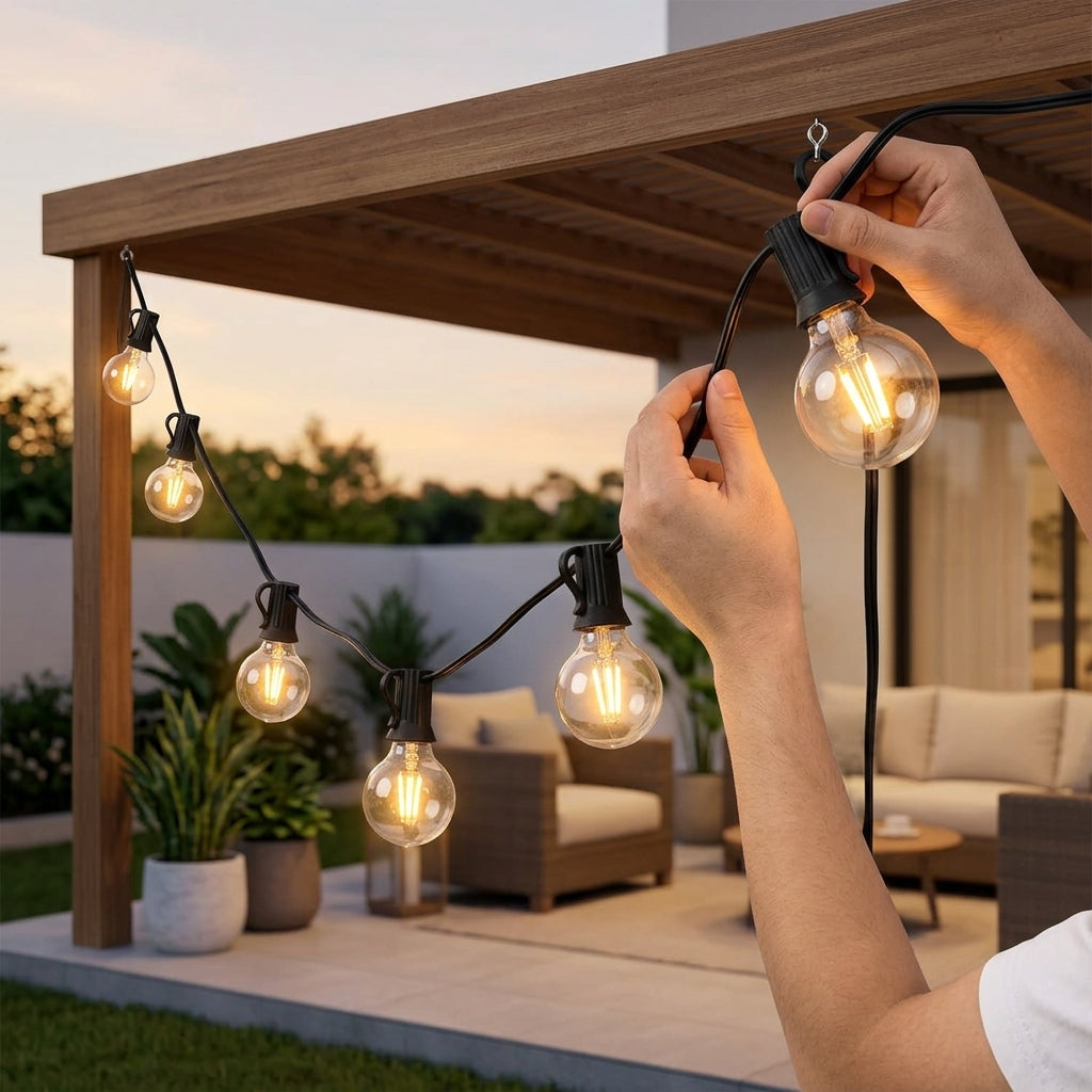 G40 Outdoor Garland String Lights Shatterproof Waterproof Plastic Led Bulb Vintage Connectable Patry Patio Decor Light Chain - in use